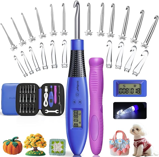 Counting Crochet Hooks with 22 Interchangeable Hooks Kit, Light Up Crochet Hook Set - Ergonomic for Arthritic Hands, Digital Stitch & Row Counter, Lighted Crochet Needles Kit with Case (Blue, 22 Size)