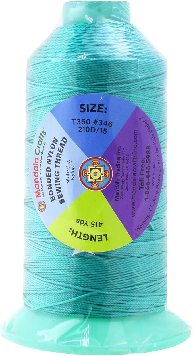 Mandala Crafts Size 346 210D T350 Bonded Nylon Thread - Turquoise 415 YDs Tex 350 Heavy Duty Sewing Threads for Leather, Jeans, Weaving, Outdoor Marine Upholstery