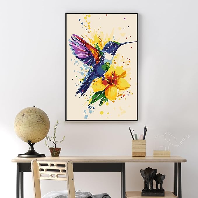 Framed Paint by Numbers Kit for Adults Beginner & Kids Ages 8-12, Hummingbird Paint by Numbers With Frame, DIY Watercolor Number Painting for Adults Hummingbird for Home Wall Decor Gift 8x 12 inch