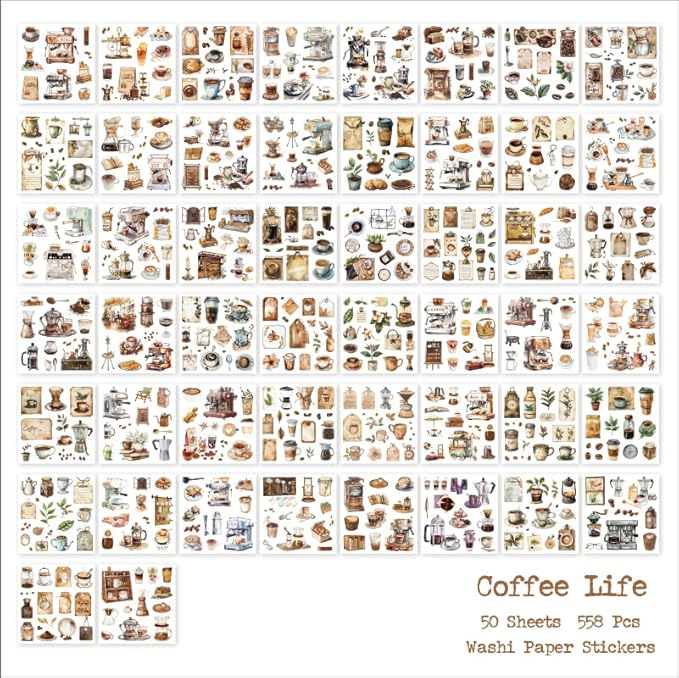 558pcs Coffee Journal Stickers, Ephemera for Junk Journaling Supplies, 50 Sheets Pre-Cut Washi Scrapbook Sticker Book for Scrapbooking, Bujo, Collage, Planners, DIY Art Crafts