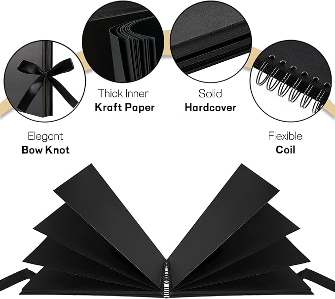11.5 x 8.5 Inch Black Scrapbook Album, 80 Pages Photo Album with Black Pages, Kraft Paper Hardcover Memory Book with DIY Accessories Kit for Mother's Day Wedding Travel