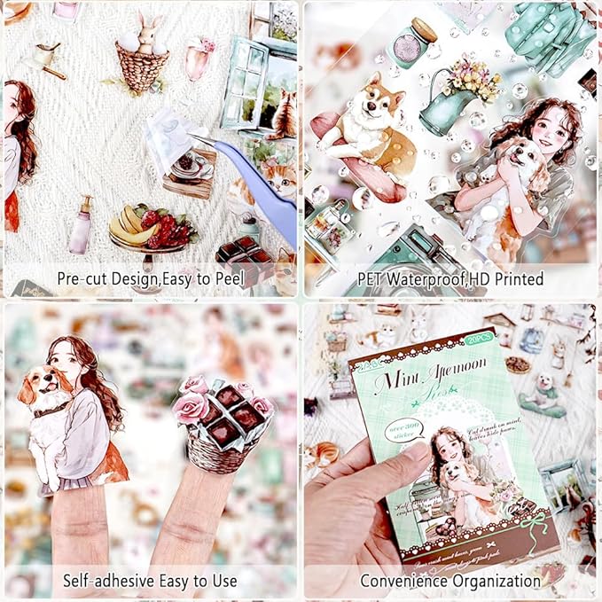 Scrapbook Sticker Book for Scrapbooking and Journaling, People Pet Coffee Theme, 20 Sheets 3.9x5.9 inches, Precut Transparent PET Stickers for Junk Journal Supplies, Collage, Scrap Book