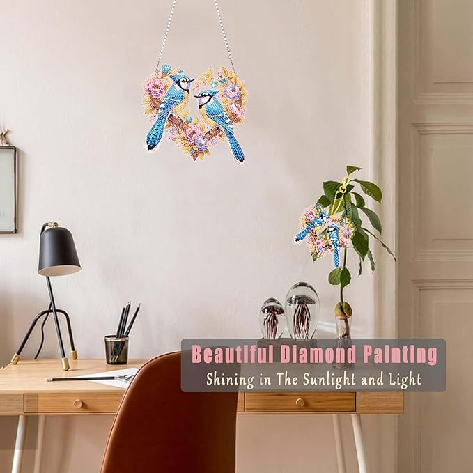 Masendp Blue Bird Diamond Painting Double-Sided Wall Hanging Set, DIY Irregular Shaped Rhinestone Window Decoration Set, Suitable for Home and Garden Wall Decoration Gifts