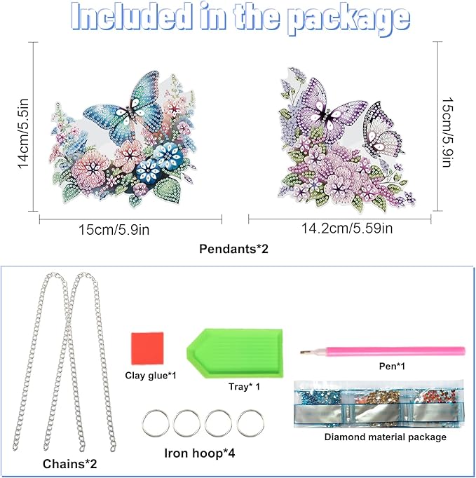 2 Pcs 5D DIY Diamond Painting Butterfly Hanging Ornaments, Acrylic Floral Diamond Art Suncatchers, Special Shape Diamond Art Hanging Kits for Window or Wall Decor