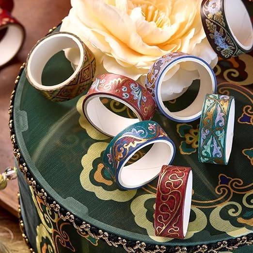 Washi Tape Set 10 Rolls, Chinoiserie Gold Foil Decorative Paper Sticker for Planner Scrapbook Journal DIY Arts Craft (Ancient Blue)