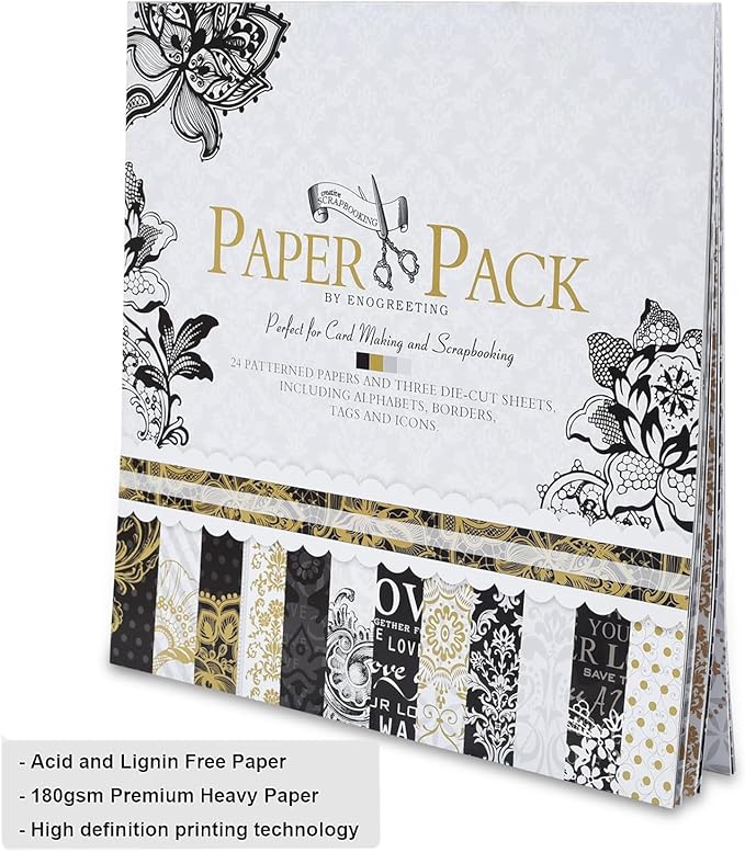 12x12 Vintage Scrapbook Paper Pad - 27 Sheets Gold Foil Black Origami Decoupage Patterned Kit Supplies for Art Journaling Wrapping Card Making Crafting Gift Photo Album