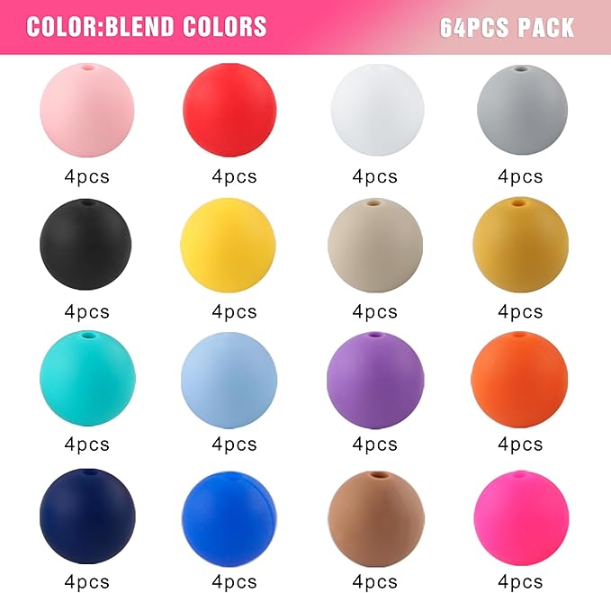 64Pcs 19mm Silicone Beads for Keychain Making and Bracelet Making,16 Colors Round Silicone Beads for Pens（Multicolor）