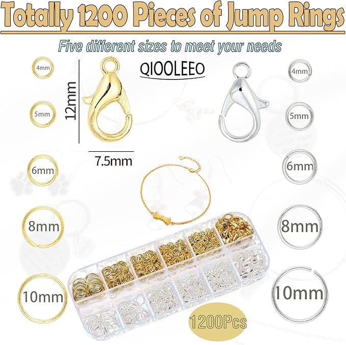 5 Sizes(1200pcs) Open Jump Rings for Jewelry Making, Gold & Silver Non-Tarnish O Ring Connectors, DIY Necklace Repair, Bracelets, Earrings, Pendants, Keychains, Lobster Clasps, Charms