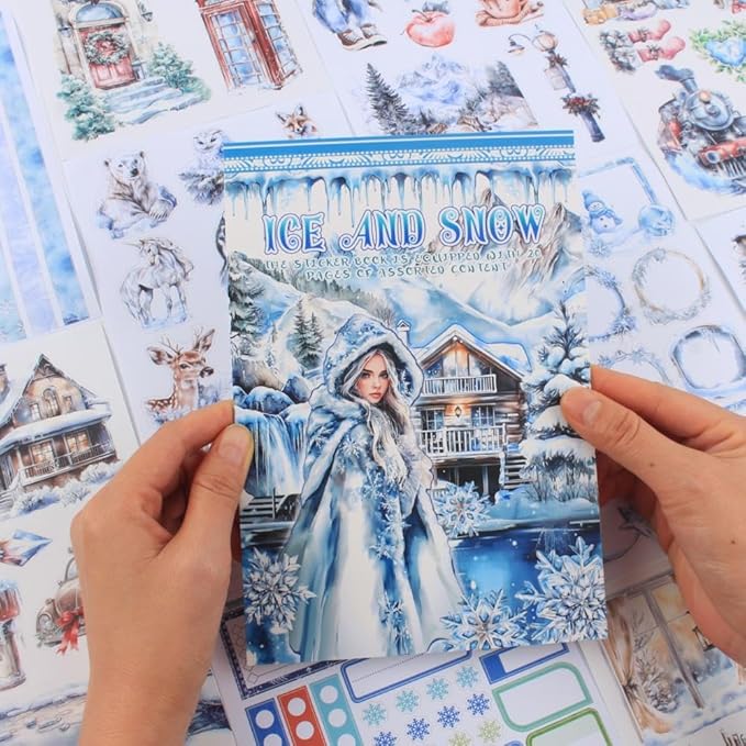 Ice and Snow Winter Scrapbook Stickers for Scrapbooking Supplies, 20 Sheets A5 Washi Paper Transparent PET Die Cut Stickers Book for Journaling, Junk Journal, Collage, Adults Crafts Arts