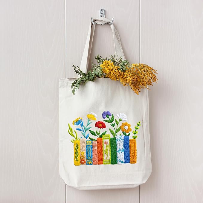 louise maelys embroidery kit canvas tote bag for beginners,cross stitch kits for adults,diy books flowers pattern,women shopping reusable grocery bags