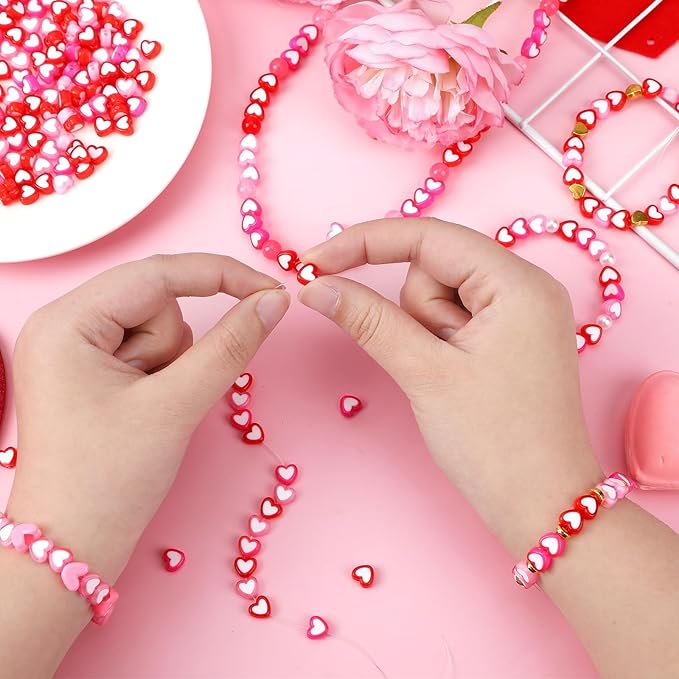 Augshy 700Pcs Heart Beads,Valentines Day Red Pink Heart Pony Beads for Jewelry Making Party Decoration Necklace Bracelets Earrings Hair Beads DIY Crafts Supplies