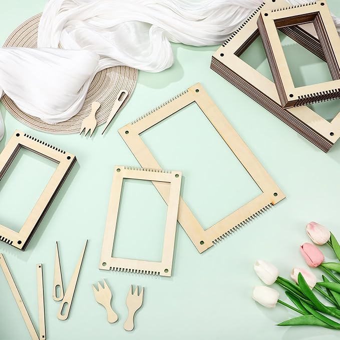 Thyle 24 Sets Rectangle Weaving Loom Kit 5.3 x 7.8'', 7.9 x 11.8'' Wood Weaving Loom with Needles and Tools DIY for Adult Beginners and Lovers Crochet Knitting Craft Activity