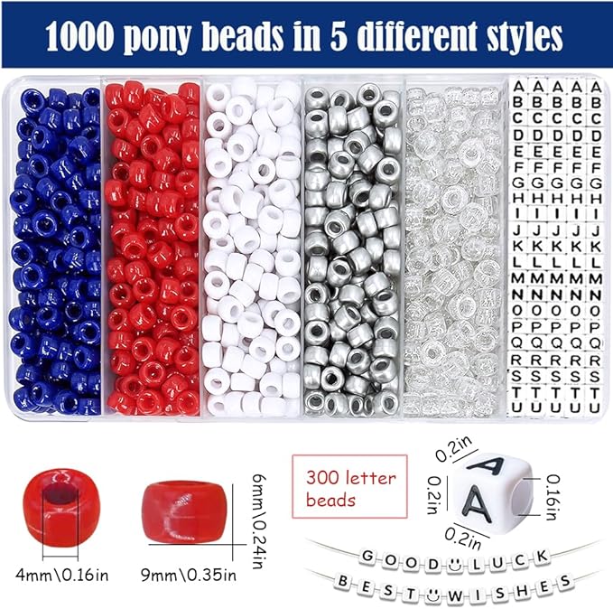 MIIIM 1300 Pcs Pony Beads Kit for Friendship Bracelet, 6 Styles Kandi Bracelet Kit in Box with Individual Compartments, Hair Beads for Braids, Letters (The 4th of July Scheme)
