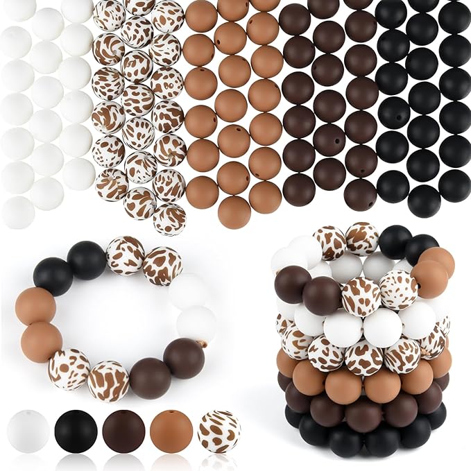 ASTARON 100 Pcs 15mm Silicone Beads for Keychain Making, Cow Brown White Round Beads Bulk for Bracelets Crafts Beadable Pens Decorations Jewelry Making Supplies