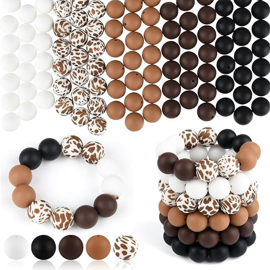 ASTARON 100 Pcs 15mm Silicone Beads for Keychain Making, Cow Brown White Round Beads Bulk for Bracelets Crafts Beadable Pens Decorations Jewelry Making Supplies