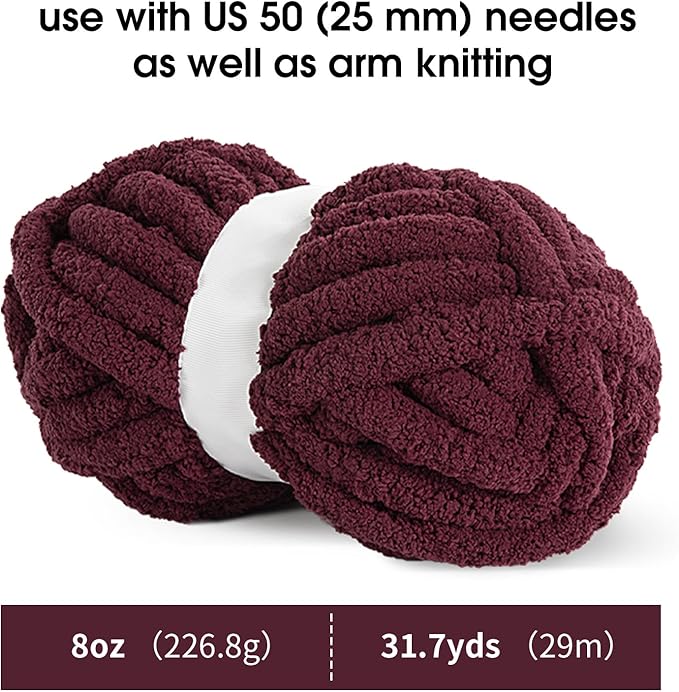 Mabozoo Assorted Chunky Fluffy Yarn for Crocheting & Knitting, Jumbo Chenille & Bulky Plush Yarn, Cream & Wine Red (31.7 yds, 8 oz Each)