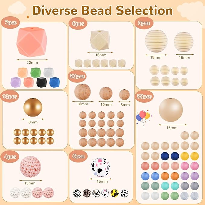 tohongadon 169 pcs silicone beads for keychain making kit, 15mm rubber round beads, hexagon lentil round beads, silicone beads kit with encourage round wood chips for keychains bracelet making