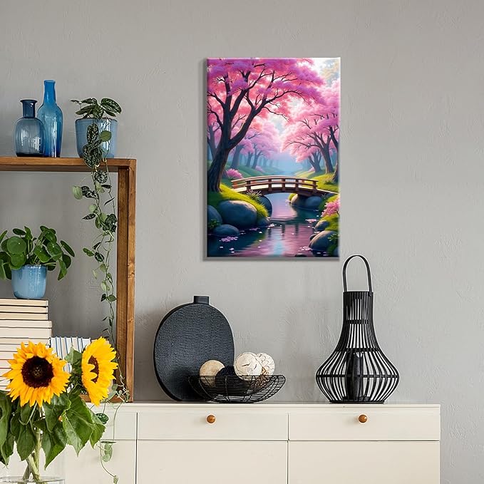 JOOZ Paint by Numbers Kit for Adults with Frame Cherry Blossom Adult Paint by Number Kits Framed Canvas Bridge Paint by Number with Easel DIY Oil Painting by Number for Gift Home Wall Decor 8x12 Inch