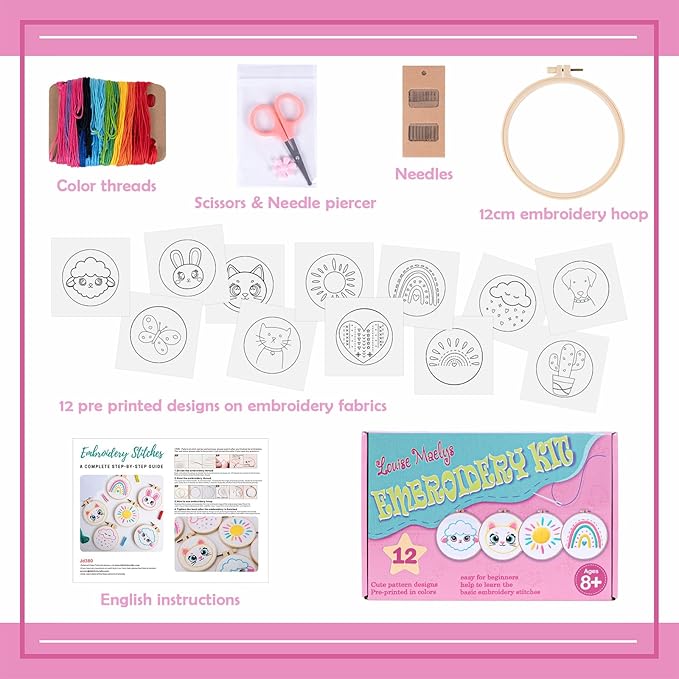 Louise Maelys 12 Pre-Stamped Embroidery Kits for Beginners, Kids Girls Cross Stitch Kit,DIY Needlepoint Craft Sewing Practice Supplies,Funny Cute Pattern,Perfect for Ages 8-12