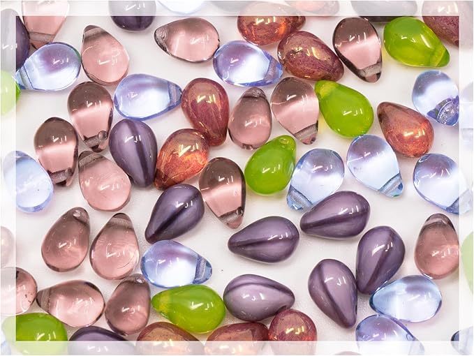 Czech 60-Piece (25g) Glass Beads Mix, 6x9mm, Teardrop Opal Green Silk Dirty Lavender Violet