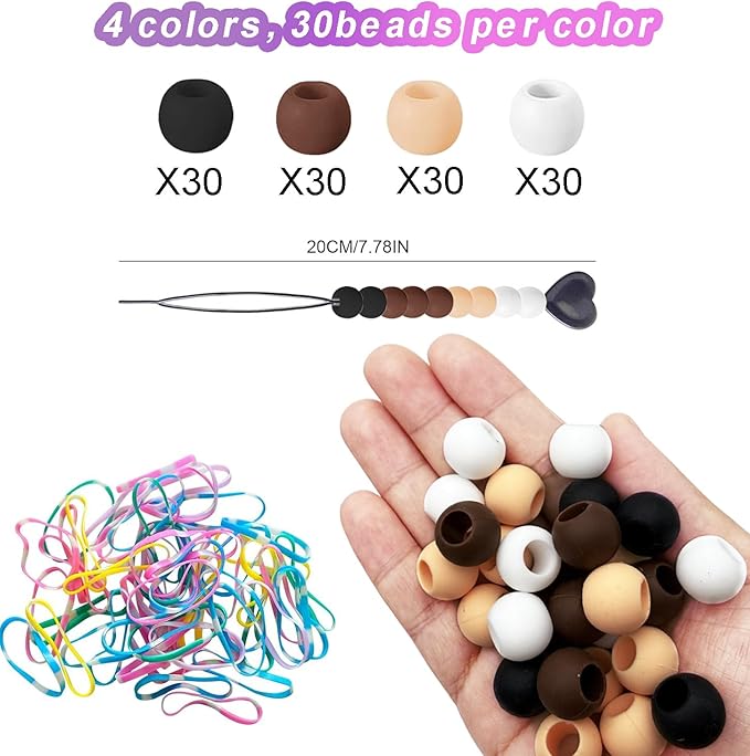 120Pcs 14mm Large Silicone Beads for Hair Braids, Soft Jellyish Hair Beads with 7mm Hole + 50 Rubber Bands and 1 Beader for Braiding, DIY Bracelets Necklaces Crafts(Brown)