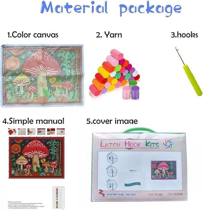 Mushroom Latch Hook Rectangle Rug Kits for Adults Needle Crochet Yarn Embroidery Carpet Hook and Latch Kit Floor Mat Tapestry Christmas Home Decoration 52x38cm(1)
