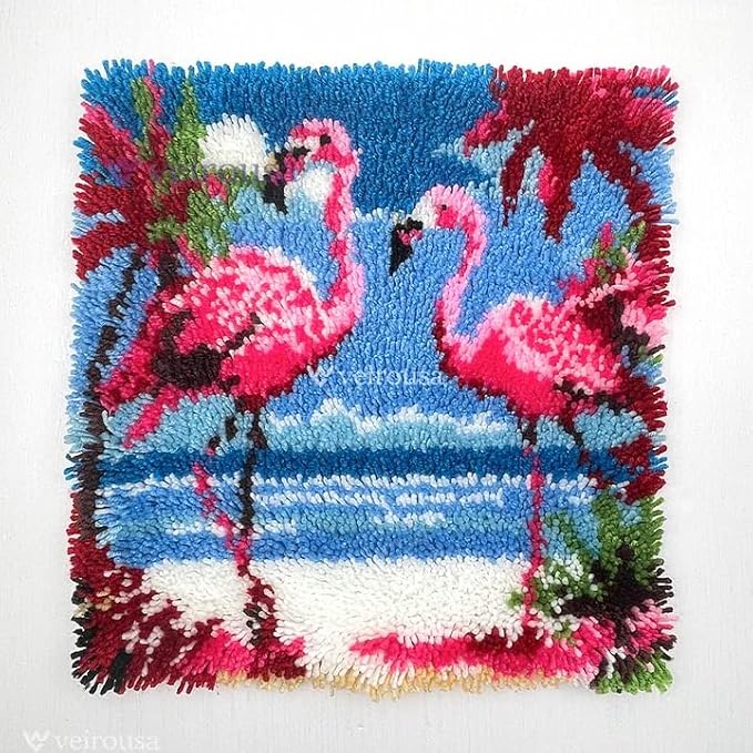 veirousa Flamingos Latch Hook Kits for Adults, Beginners DIY Hooked Pillow Kit Pre-Printed Pillowcase Hook and Latch Rug Kits Cross-Stitch Cushion Cover for Home Sofa Decoration 17x17 inch
