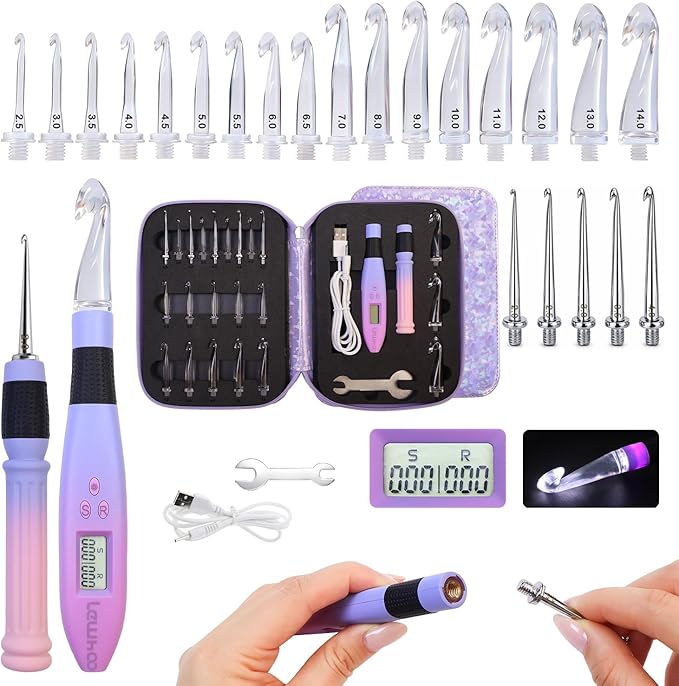 Lewhoo Light up Crochet Hook, 22 in 1 Lighted Crochet Needle Easy to See Stitch with Screw Knob, Ergonomic Gradiant Crochet Hook Set Glow in Dark, Metal and Plastic Hooks Purple 2.0-14.0mm