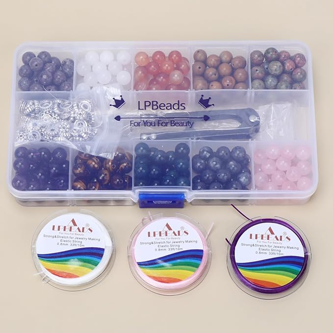 Stone Beads Box Set Kits 250pcs 8mm Round Loose Gemstone Natural Amethyst Rose Quartz Red Agate Larvikite Labradorite Assorted Color with Accessories Tools for Bracelet(100% Natural Stone Beads Kit 2)