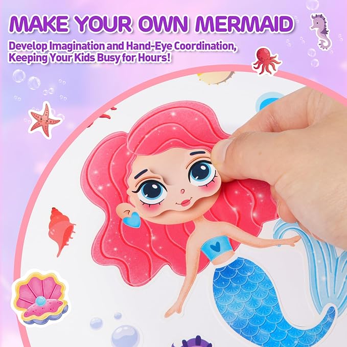 aowplc 32 sheets mermaid make‑a‑face stickers for kids, mermaid party favors for girls, birthday crafts, goodie bag stuffers