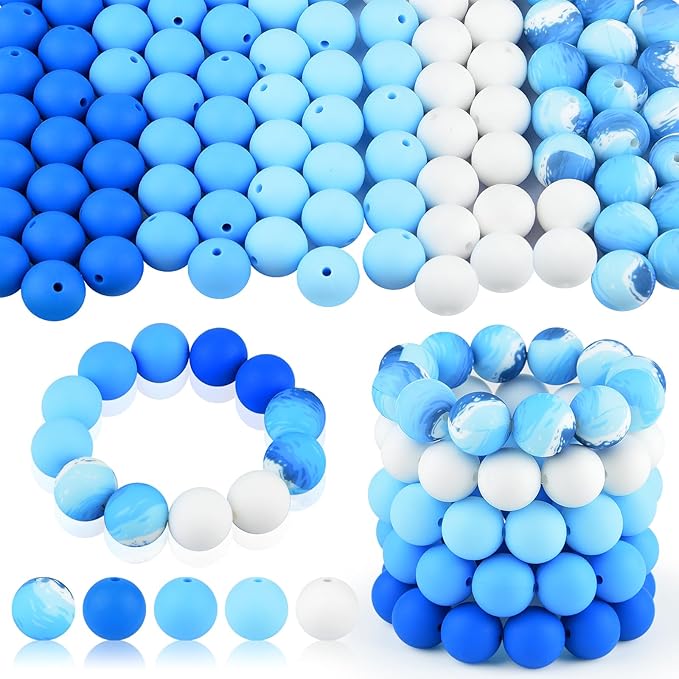 ASTARON 100 Pcs 15mm Silicone Beads for Keychain Making, White Blue Silicone Round Beads Bulk for Bracelets Pens Crafts Supplies