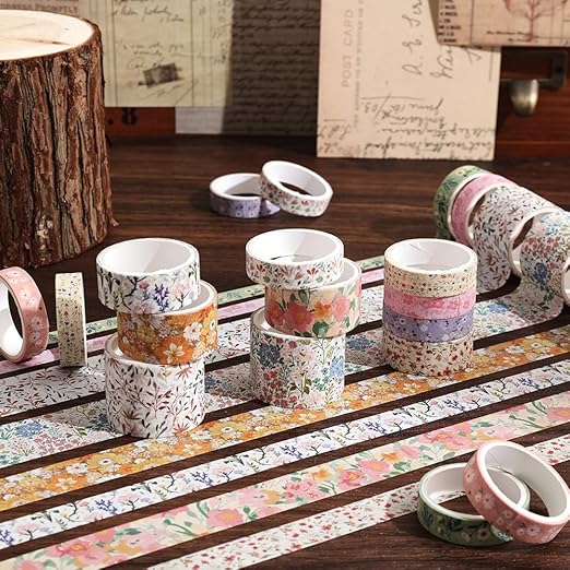 12 Rolls Floral Washi Tape Set - 0.4/0.6/0.8/1.2in Numerous Flowers Design Decorative Tapes for Journaling Scrapbooking Writable Vintage Scrapbook Supplies Letter Gift Craft Tape (Colorful3)