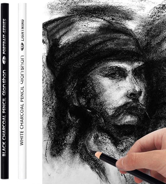 qianshan 2 Pcs Black White Color Charcoal Pencils, Professional Hight Quality Sketch Highlight Charcoal Wooden Pencils for Artist Drawing, Sketching, Blending, 2 Colors of 1 Black, 1White