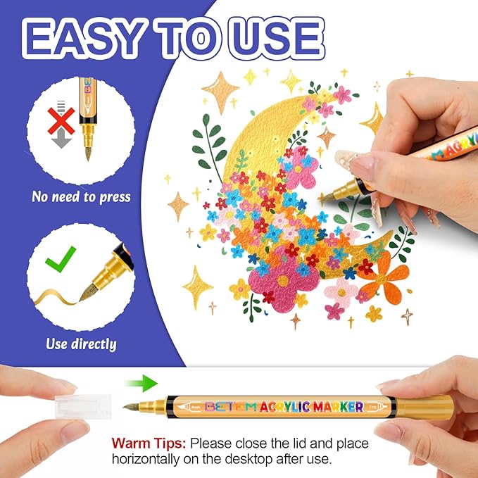 Betem 30 Metallic Acrylic Paint Markers, Dual Tip Acrylic Paint Pens with Brush Tip and Fine Tip, Art Supplies for Rock Painting, Wood, Stone, Glass, Ceramic, DIY Crafts Making Drawing Kit