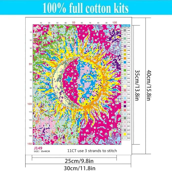 Sun and Moon Stamped Cross Stitch Kits - Plant Counted Cross Stitch Kits for Beginners Adults Needlepoint Cross-Stitch Patterns Dimensions Needlecrafts Embroidery Kits Arts and Crafts