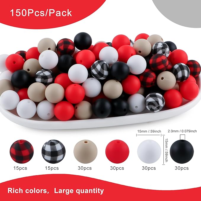 150Pcs Mixed Color 15mm Silicone Beads for Keychain Making, White Black Grid Print Silicone Beads for Pens and Bracelet Jewelry Making