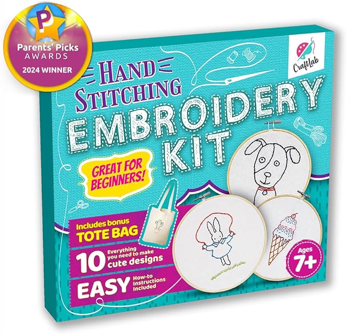 CraftLab Embroidery Kit for Kids - Beginner Sewing Kit with 10 Projects, Hoops, Thread, Patterns