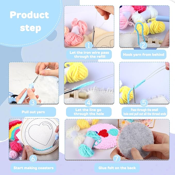 AIRDEA Punch Needle Drink Coasters Kit,Casual Punch Needle Embroidery Complete Kits for Beginner 3.29x3.29 Inches,Included All Accessories,DIY Car Coasters (Purple Pink)