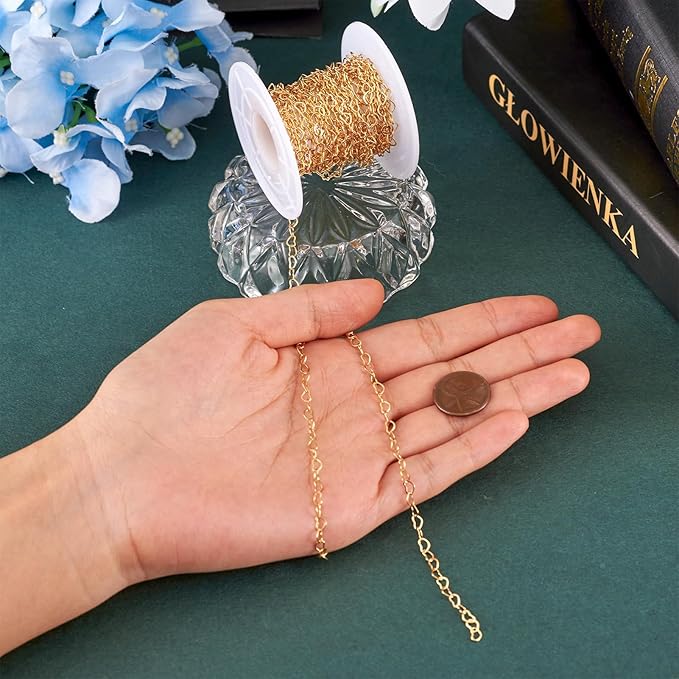 Pandahall 16.4 Feet 18K Gold Plated Brass Heart Link Chains 3x5x0.5mm Soldered Brass Cable Chains with Spool for Bracelet Necklace Jewelry Making