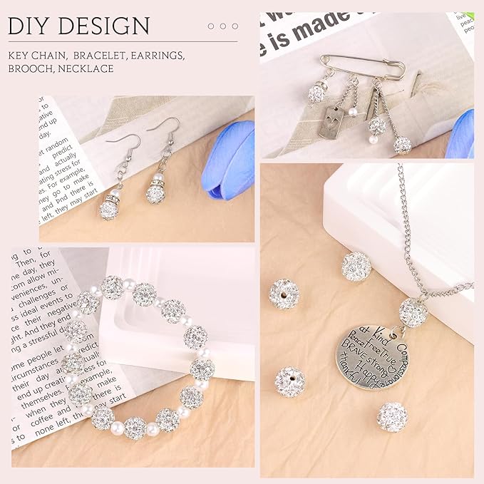 200pcs 10mm White Rhinestone Beads for Jewelry Making, Shiny Round Shamballa Disco Ball Beads Bulk, Sparkle Crystal Clay Christmas for Bracelet Baseball Necklace Earring Crafting and DIY