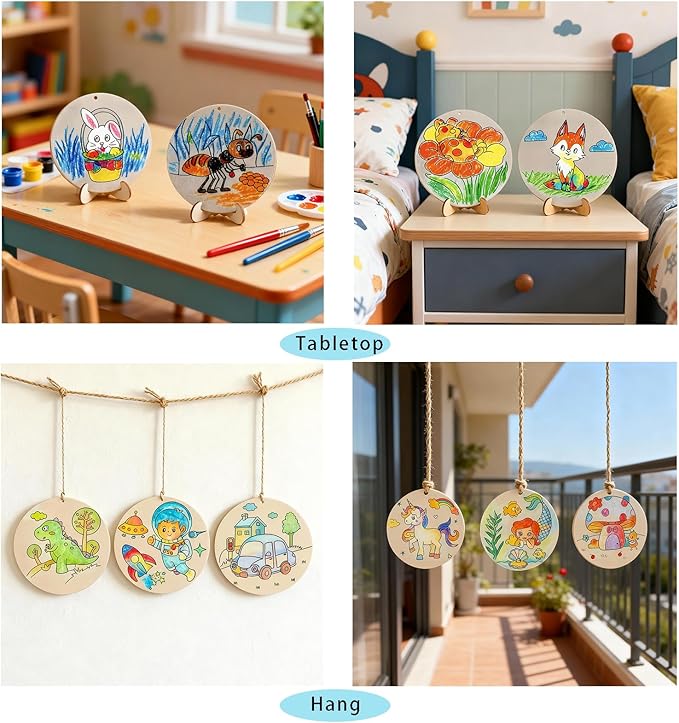 10PCS Wooden Crafts to Paint with Double-Sided Designs Kids Wooden Craft kit Hang or Display with Stand Unfinished Wood Crafts to Paint for boy and Girl Ages 4-8