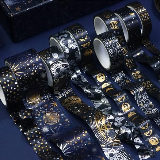 YUBBAEX Mystic Gold Washi Tape Set Wide Silver Foil Masking Tape Decorative for Arts, DIY Crafts, Journal Supplies, Planners, Scrapbook, Card/Gift Wrapping (Dark Night)