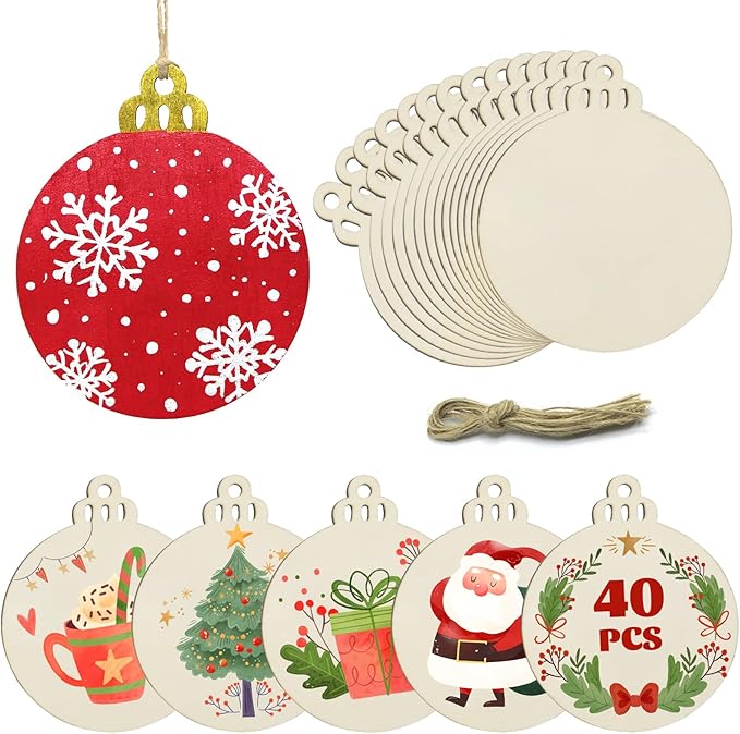 Hidreas 40 Pcs Unfinished Wood Ornaments DIY Round Wooden Ornaments Christmas Crafts Kit, Round Wood Christmas Ornaments for Crafts and Christmas Holiday Hanging Decorations