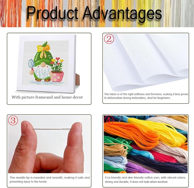 VIGEGU Gnome Cross Stitch Kits for Beginners,Flowers Stamped Cross Stitch for Adults with Wooden Framed,Embroidery Kit, Partial 11CT Cross-Stitch Arts and Crafts for Adults 7.9x7.9inch
