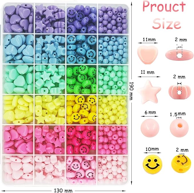 900Pcs Candy Color Acrylic Heart Beads Star Beads Happy Face Bead Assorted Plastic Pastel Beads Cute Beads Circle Loose Spacer Beads Bulk for Bracelets Jewelry Making DIY Crafts Necklace Phone Charm