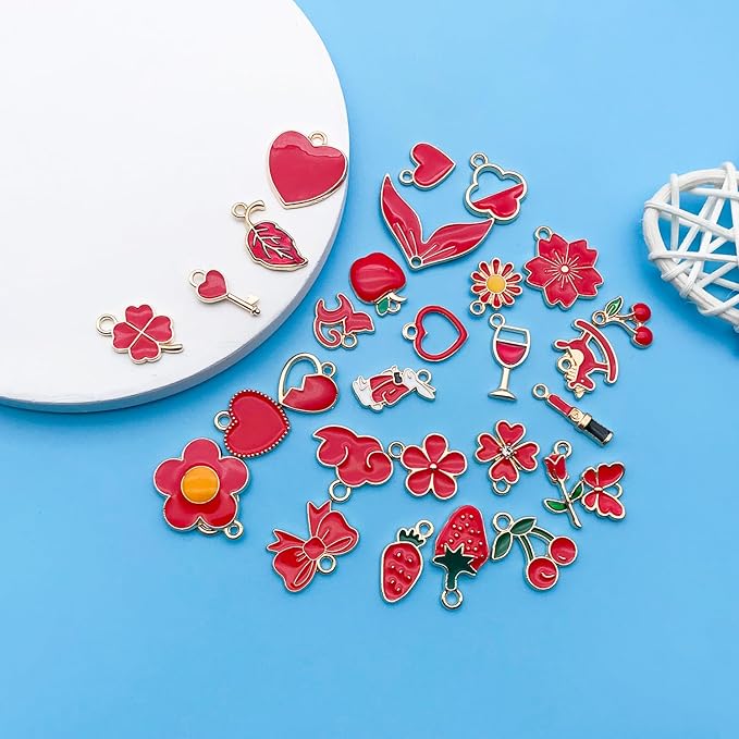 Youdiyla 60pcs Alloy enamel red series fixed set Pendant Jewelry Making DIY Keychain Earrings Pendant Various Design Charms for Jewelry Making Bracelets Necklace (HK551)