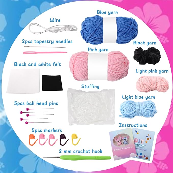 ALODNY Crochet Kit for Adults,Knitting Kits Hooks Yarn Set with Step-by-Step Video Tutorials (Blue Pink)