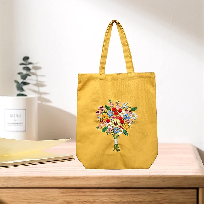 MAMUNU Canvas Tote Bag Embroidery Kit with Pattern for Beginners, Arts and DIY Crafts Kits for Adults, Include Instructions Embroidery Bag, Embroidery Hoops, Color Threads and Tool (Yellow)