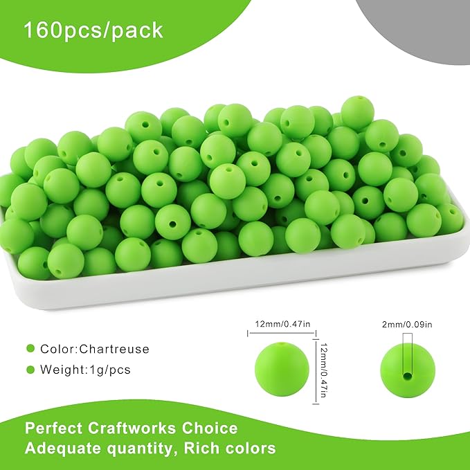 160Pcs 12mm Silicone Beads for Keychain Making Bracelet Necklace, Bulk Round Silicone Beads for Pens（Chartreuse）