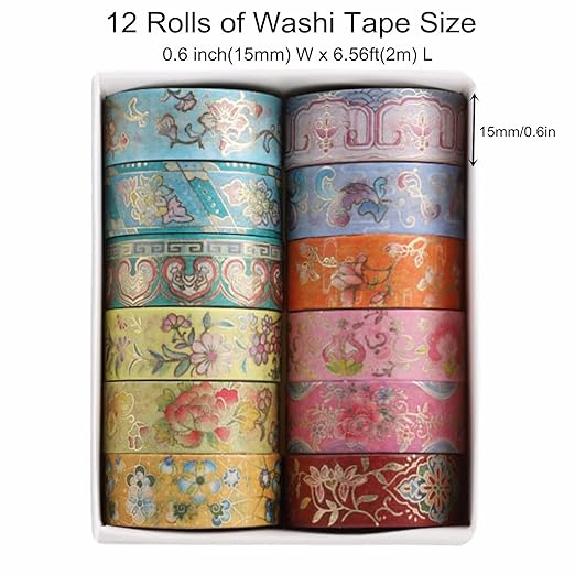 12 Rolls Vintage Washi Tape Set, Gold Foil Decorative Masking Tape for Scrapbooking, Journal, Planner, DIY Crafts, Gift Wrapping
